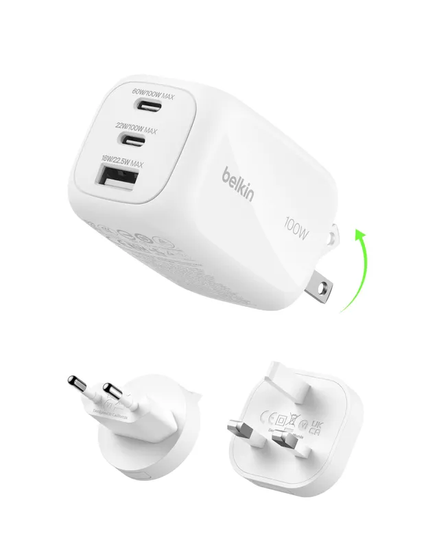 belkin-caricatore-da-parete-gan-100-w-a-3-porte-2x-usb-c-usb-a-con-spine-ue-uk-u image 1