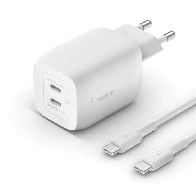 belkin-doppio-caricabatteria-da-parete-usb-c-65w-gan-con-pd-3-0-e-cavo-usb-c-c-i image 1