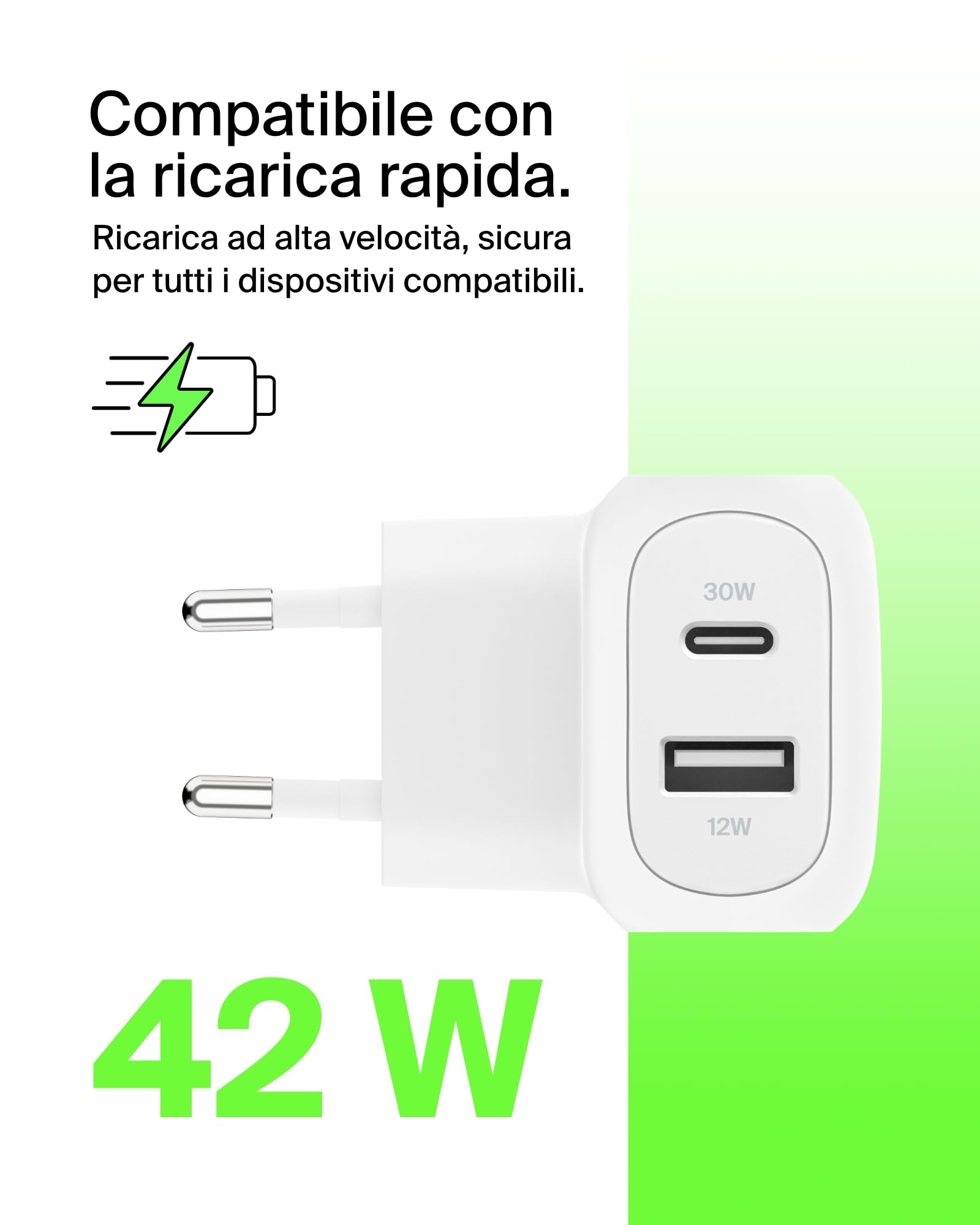 belkin-boostcharge-42w-caricatore-doppio-da-parete-usb-c-pd-3-1-usb-a-con-tecnol image 2
