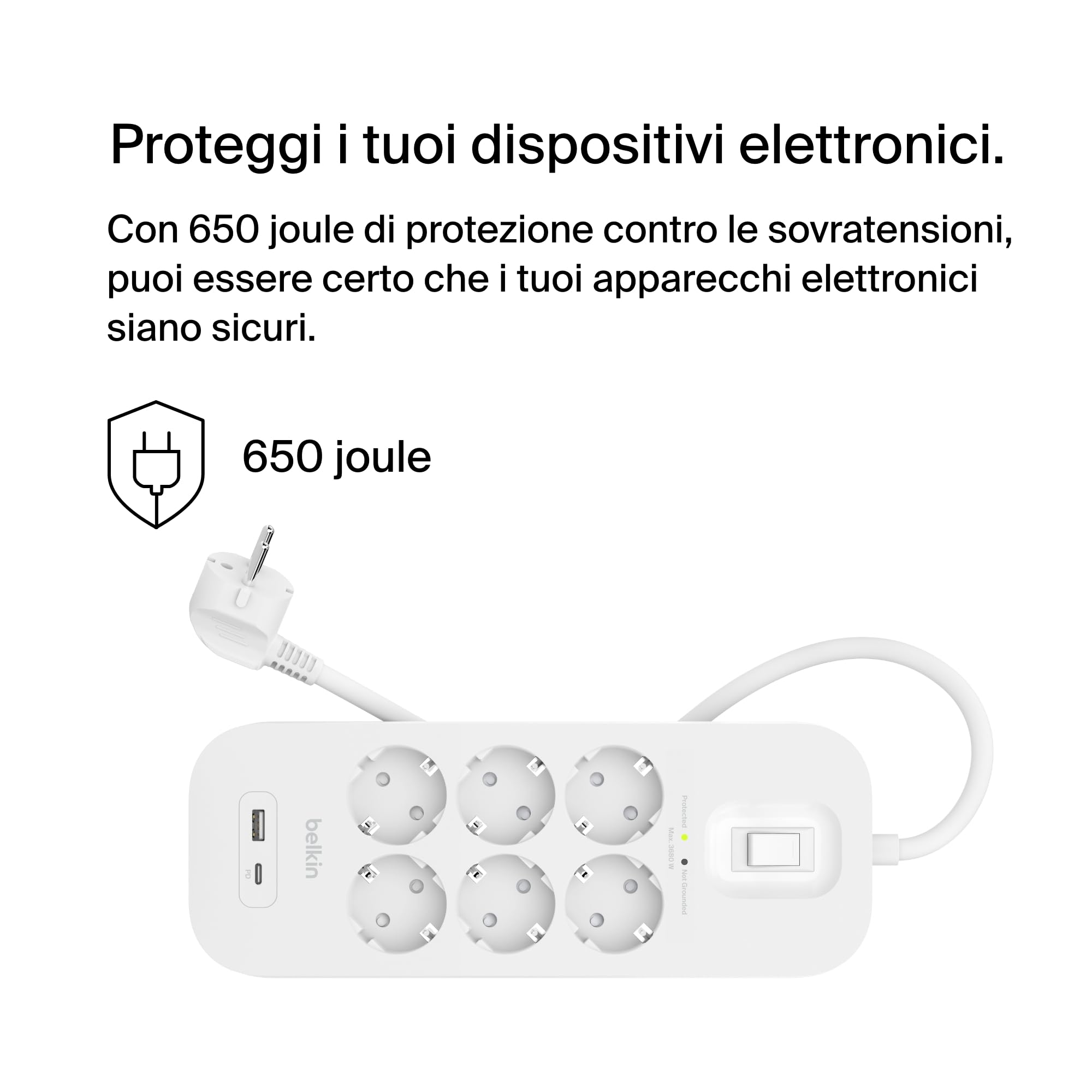 belkin-multipresa-a-parete-con-6-prese-ca-protette-usb-c-pd-e-usb-a-cavo-2-m-pro image 2