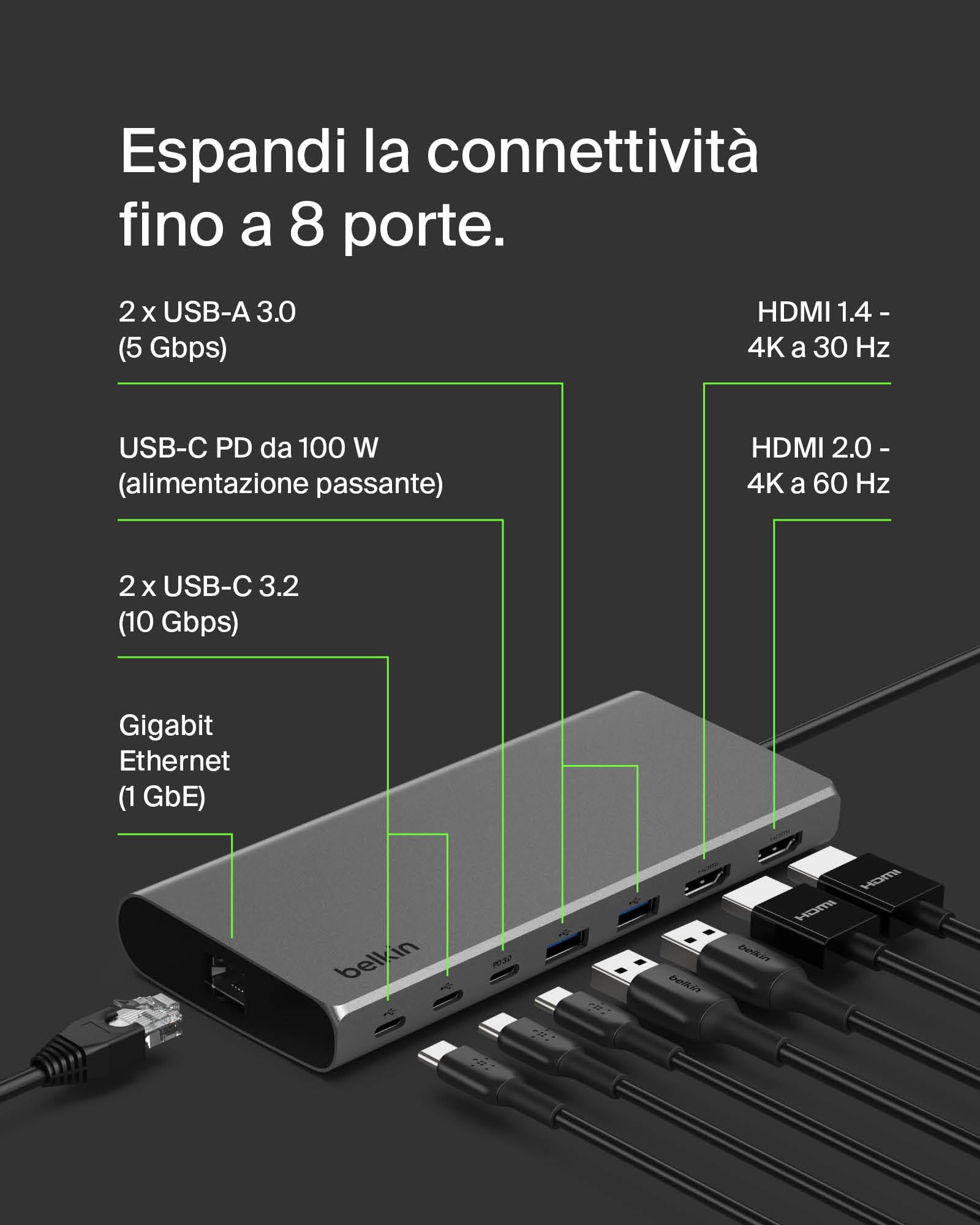 belkin-connect-hub-universale-8-in-1-usb-c-per-2-display-con-silicon-motion-100w image 3