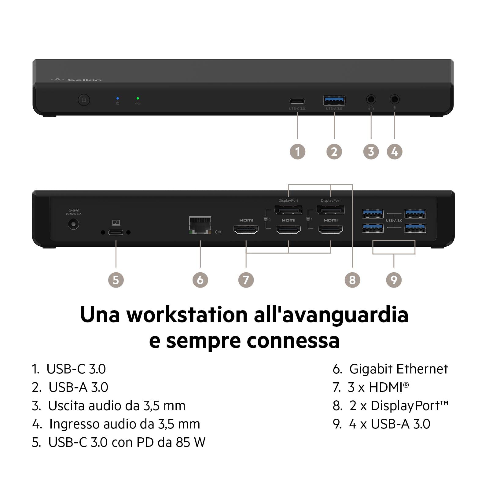 belkin-docking-station-displaylink-hub-usb-c-con-3-hdmi-2-displayport-4k-85-w-po image 2