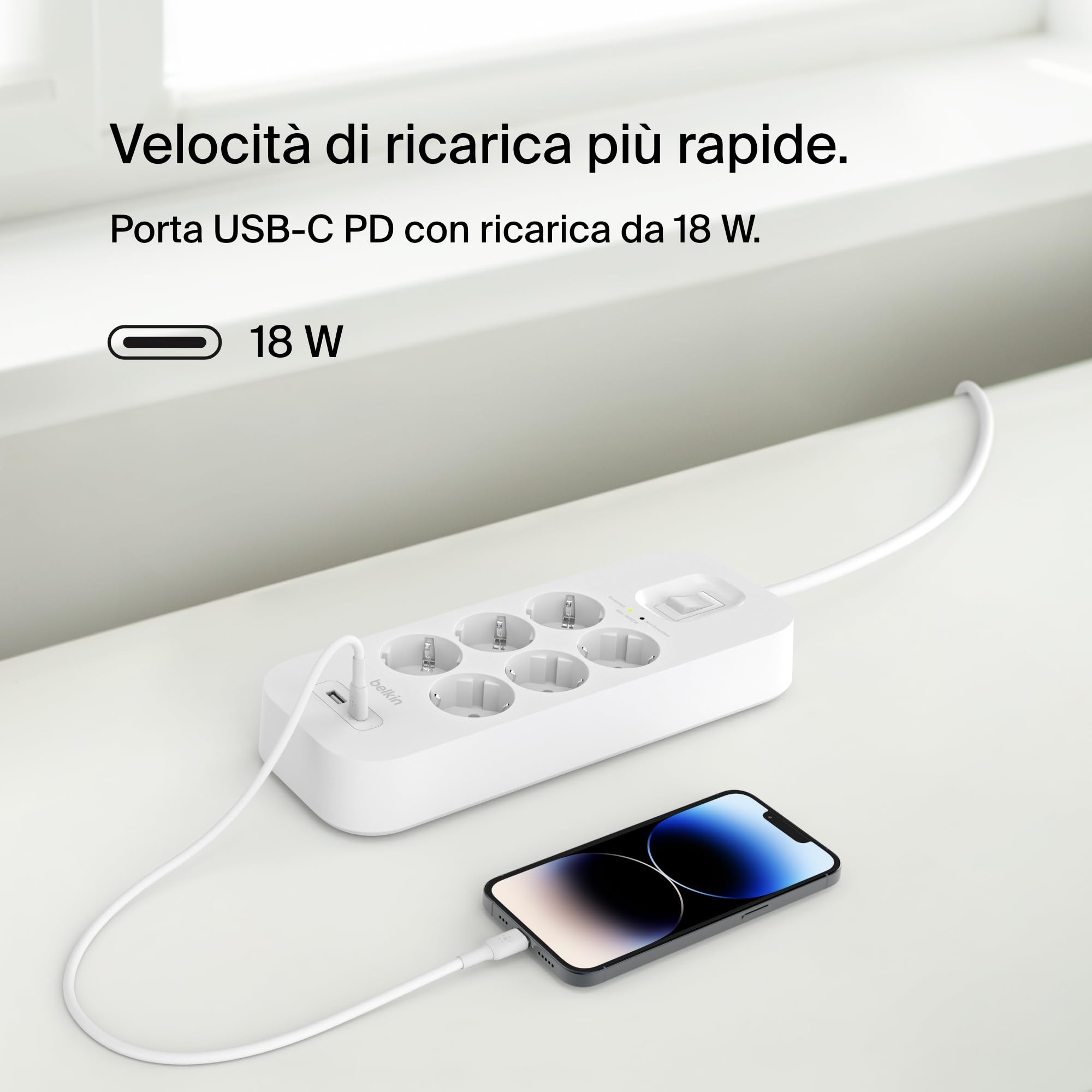 belkin-multipresa-a-parete-con-6-prese-ca-protette-usb-c-pd-e-usb-a-cavo-2-m-pro image 3