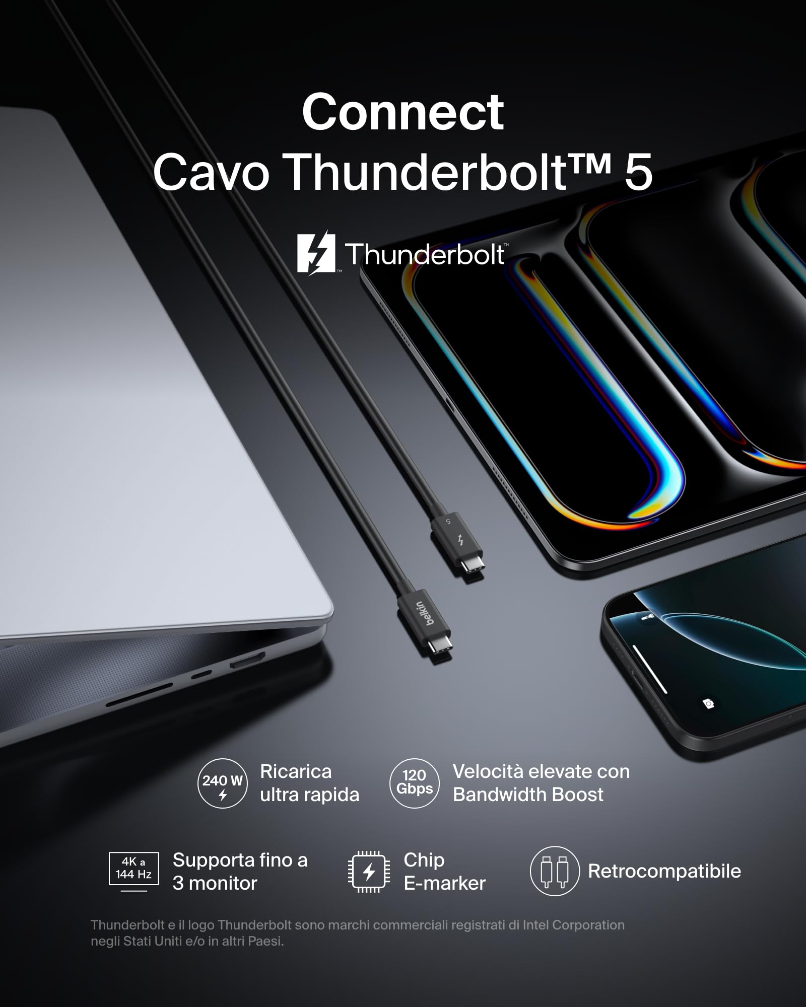 belkin-cavo-usb-c-thunderbolt-5-240w-1-m-power-delivery-240-w-fino-a-120-gbps-co image 2