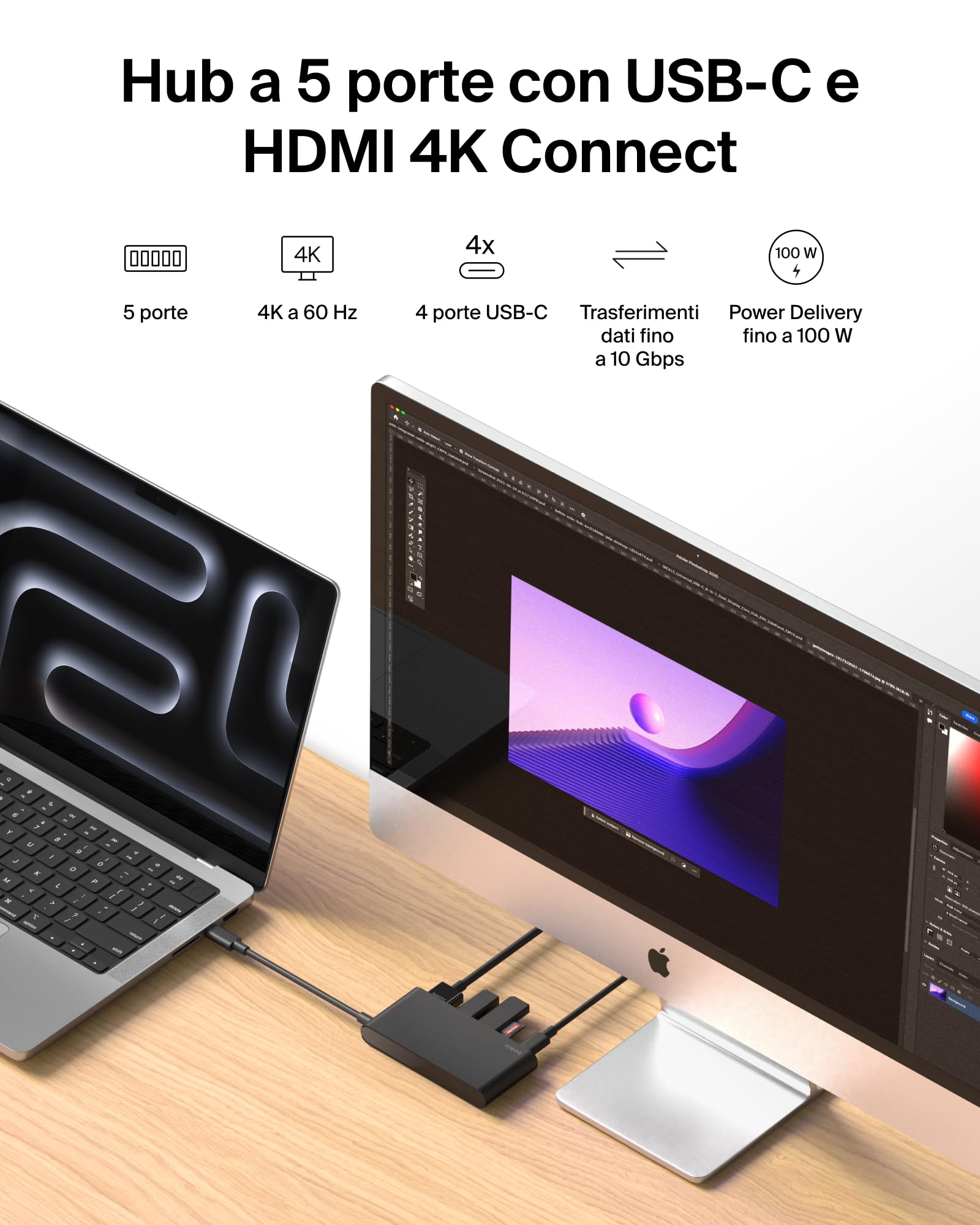 belkin-hub-usb-c-a-5-porte-con-hdmi-4k-60hz-power-delivery-100w-e-dati-10gbps-pe image 2