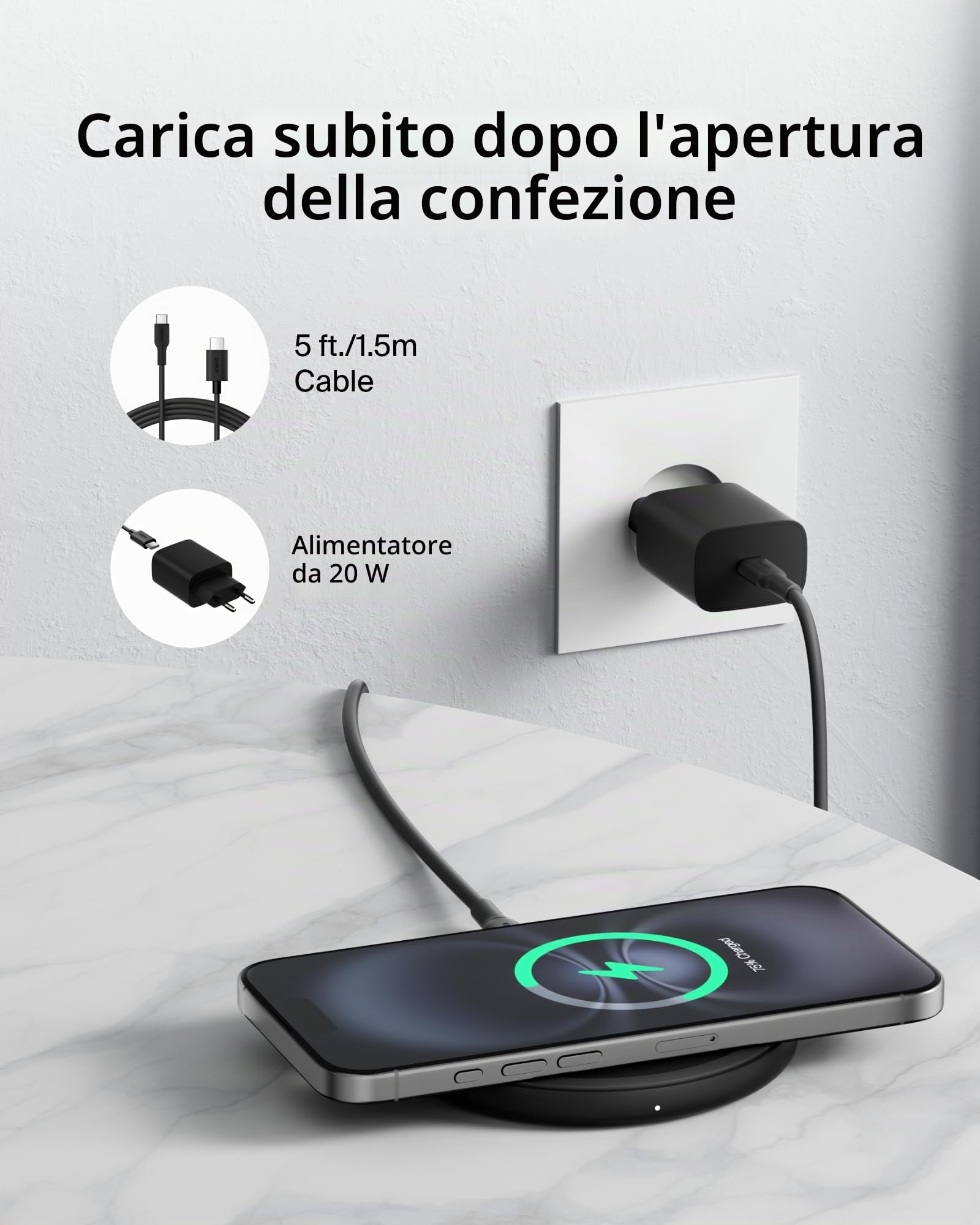 belkin-boostcharge-pad-di-ricarica-wireless-qi-15w-con-alimentatore-e-cavo-usb-c image 2