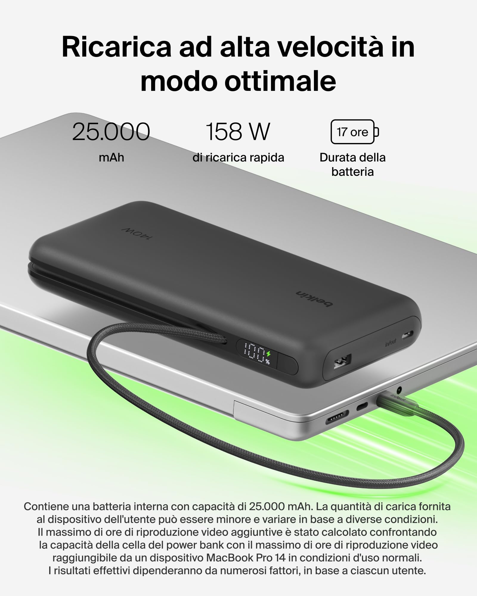 belkin-ultracharge-pro-power-bank-25000mah-con-cavo-usb-c-integrato-usb-pd-158w- image 2