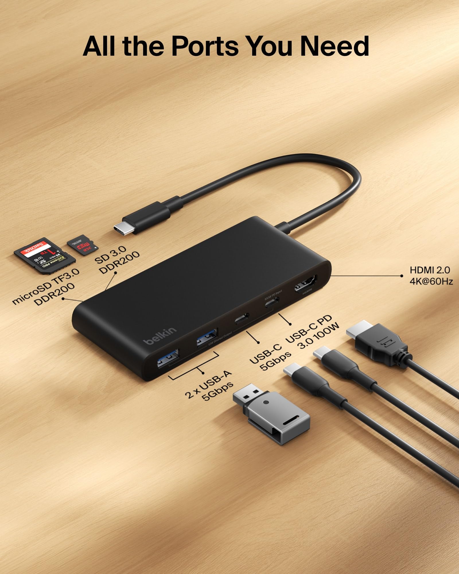 belkin-hub-usb-c-a-7-porte-hdmi-4k-60hz-sd-microsd-power-delivery-100w-dati-5-gb image 3