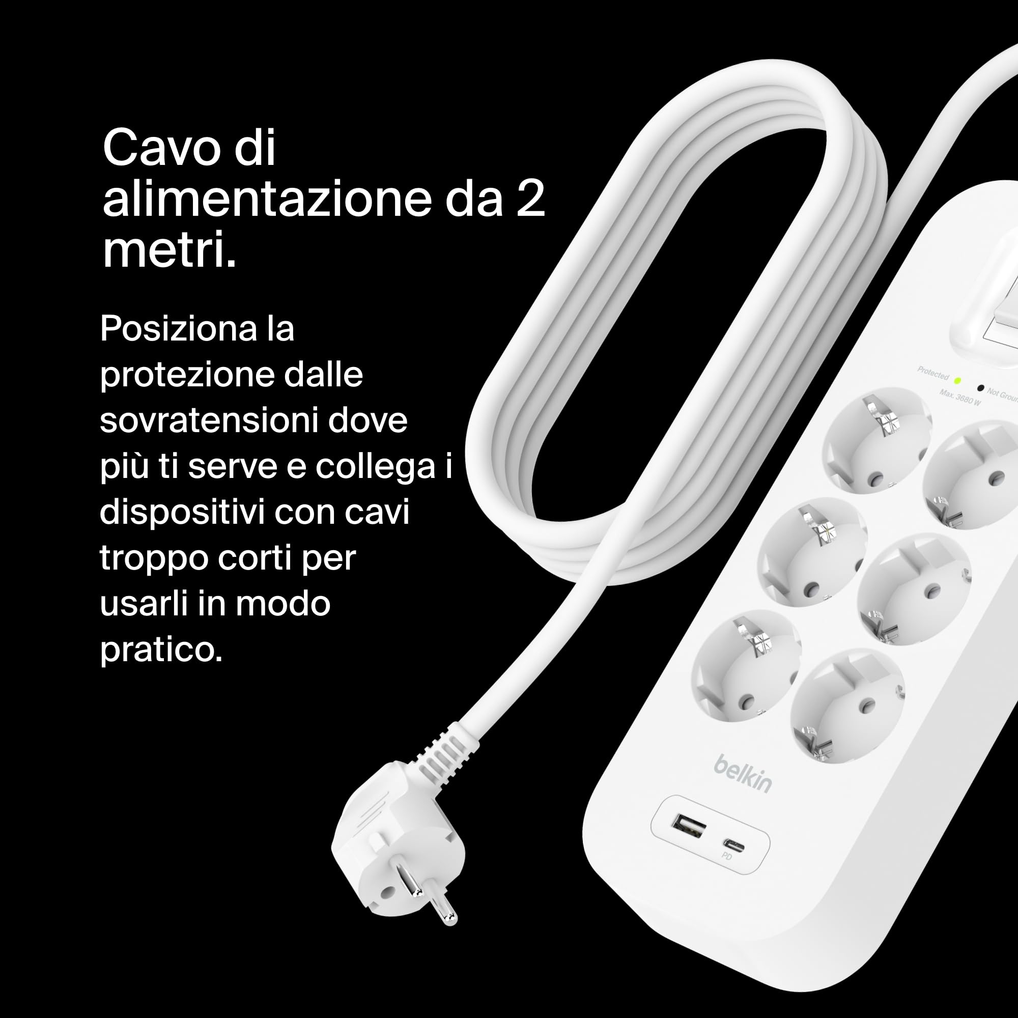 belkin-multipresa-a-parete-con-6-prese-ca-protette-usb-c-pd-e-usb-a-cavo-2-m-pro image 6