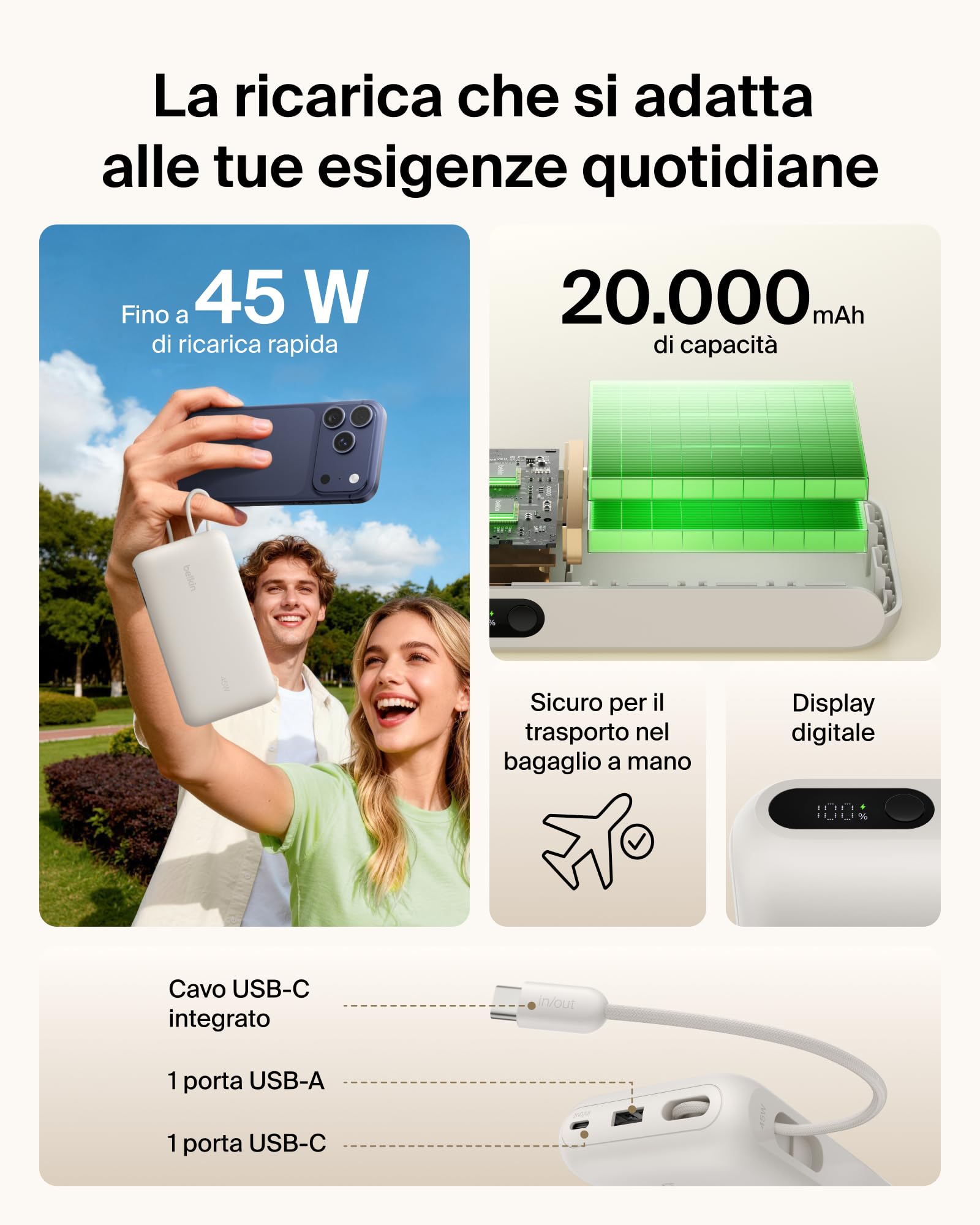 belkin-ultracharge-20-000-mah-power-bank-45w-pd-con-cavo-usb-c-integrato-e-displ image 2