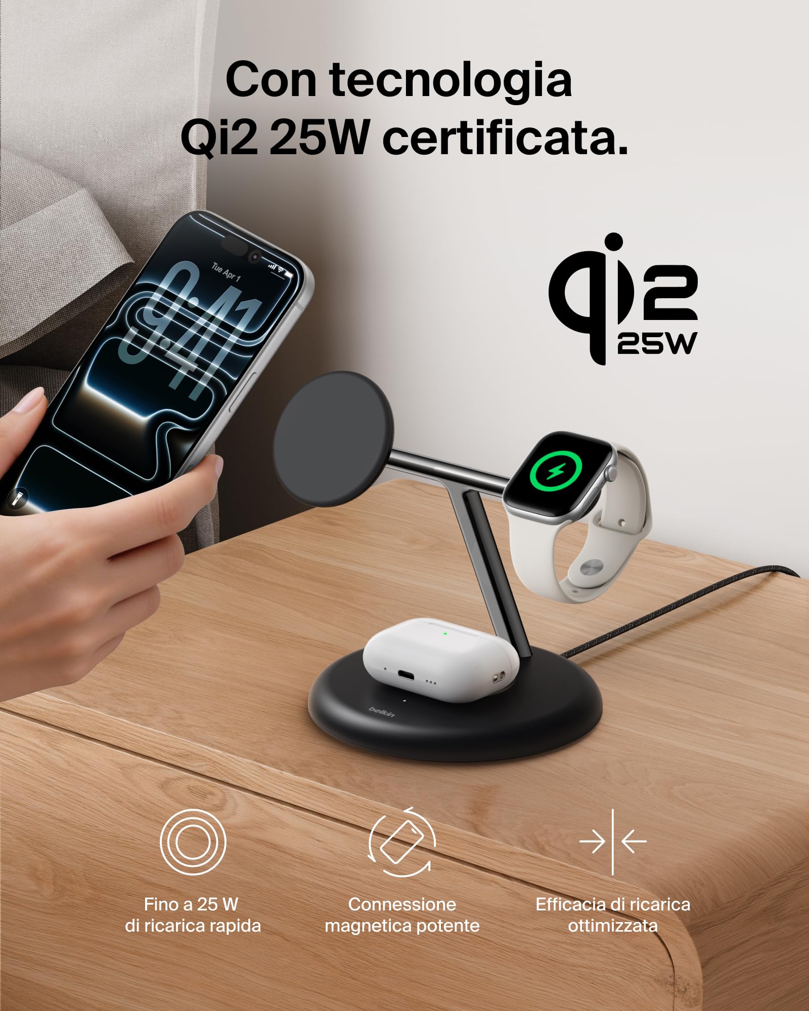 belkin-ultracharge-caricatore-wireless-3-in-1-qi2-2-25w-magnetico-magsafe-usb-c- image 4